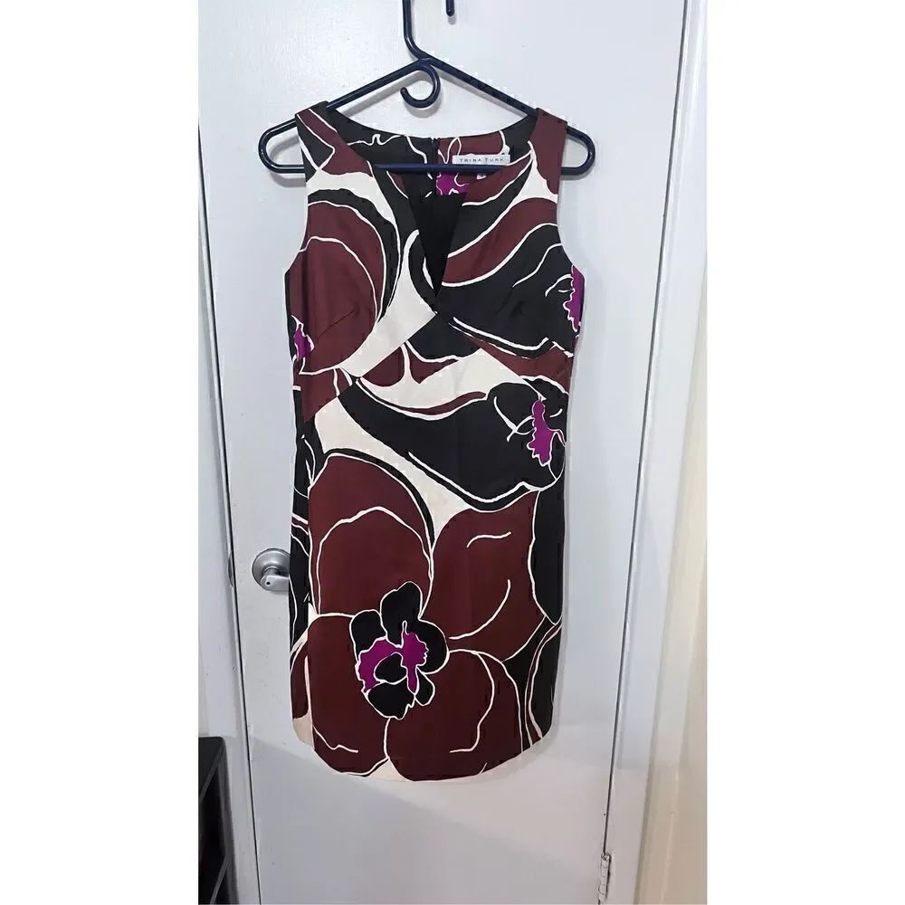 Trina Turk Women's Floral Sleeveless Split Neck Mini Dress Brown Black Size 4